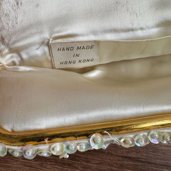Vintage Cream Convertible Clutch Evening Bag With Sequins & Beads Hand Made - Picture 7 of 11